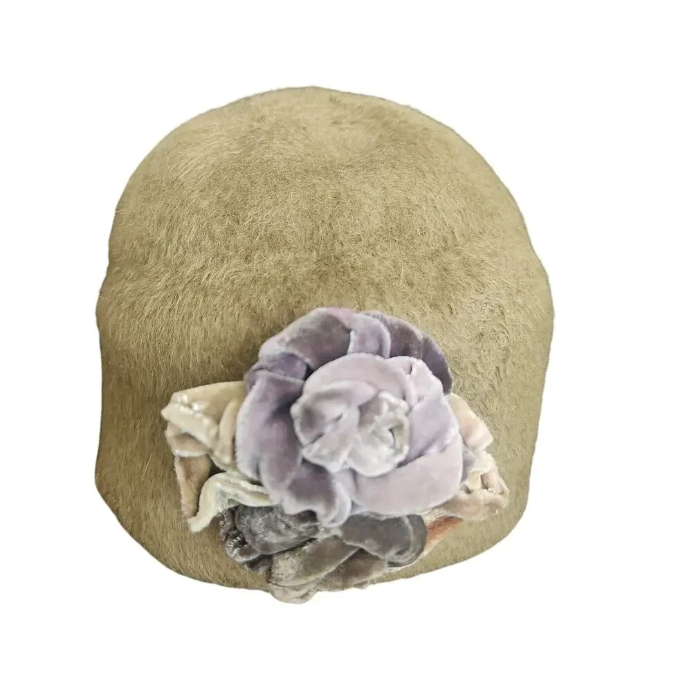 Vintage Marcia Lacher Millinery Felt Hat Floral Detal Hot Pink Lining Green GUC